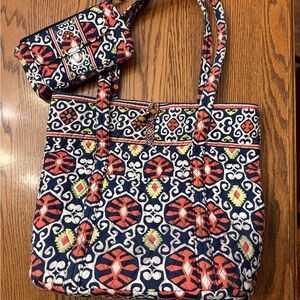Vera Bradley Navy, Coral & Lime Quilted Tote with Wristlet